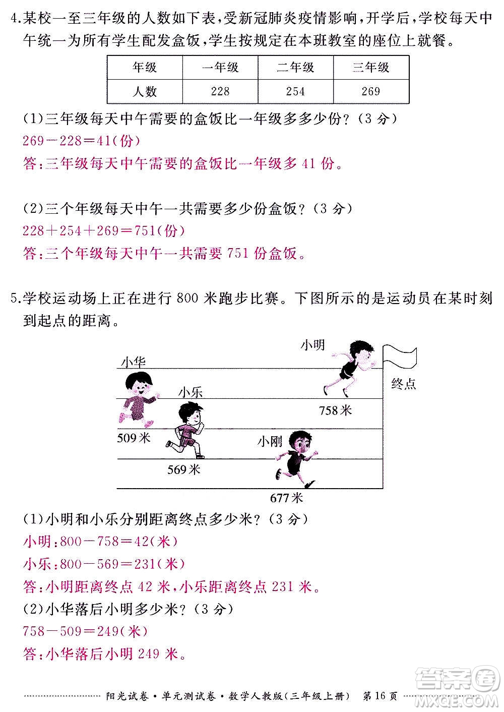 江西高校出版社2020陽光試卷單元測試卷數(shù)學三年級上冊人教版答案