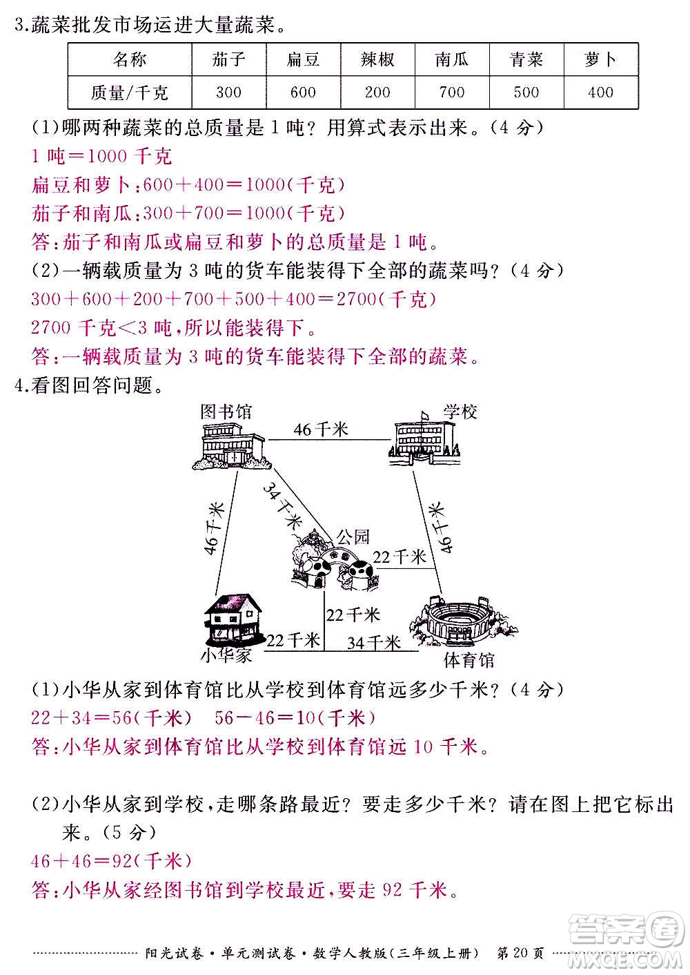 江西高校出版社2020陽光試卷單元測試卷數(shù)學三年級上冊人教版答案