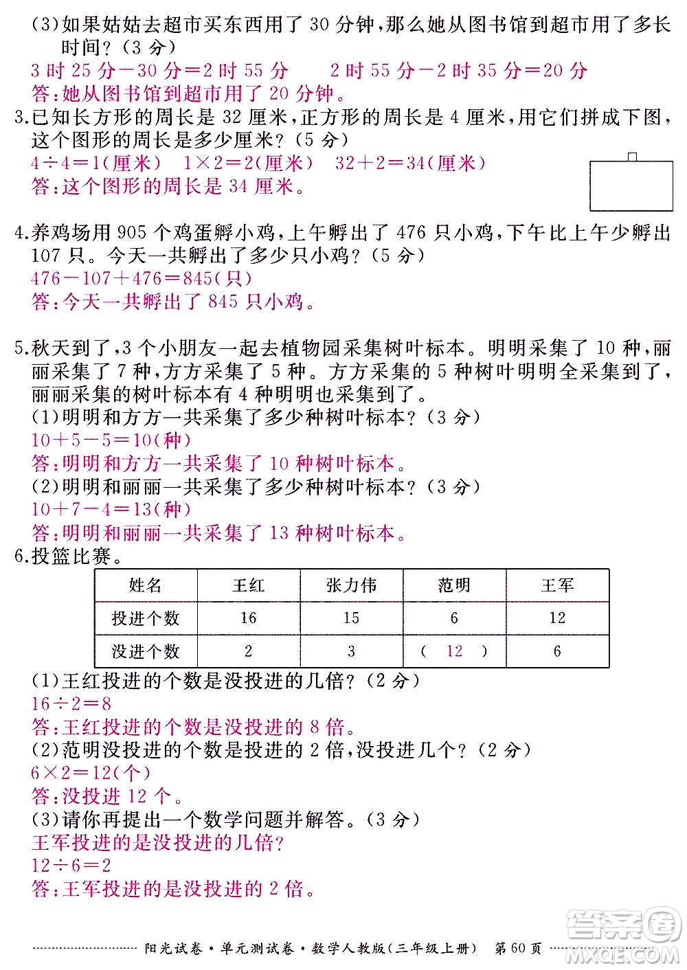 江西高校出版社2020陽光試卷單元測試卷數(shù)學三年級上冊人教版答案