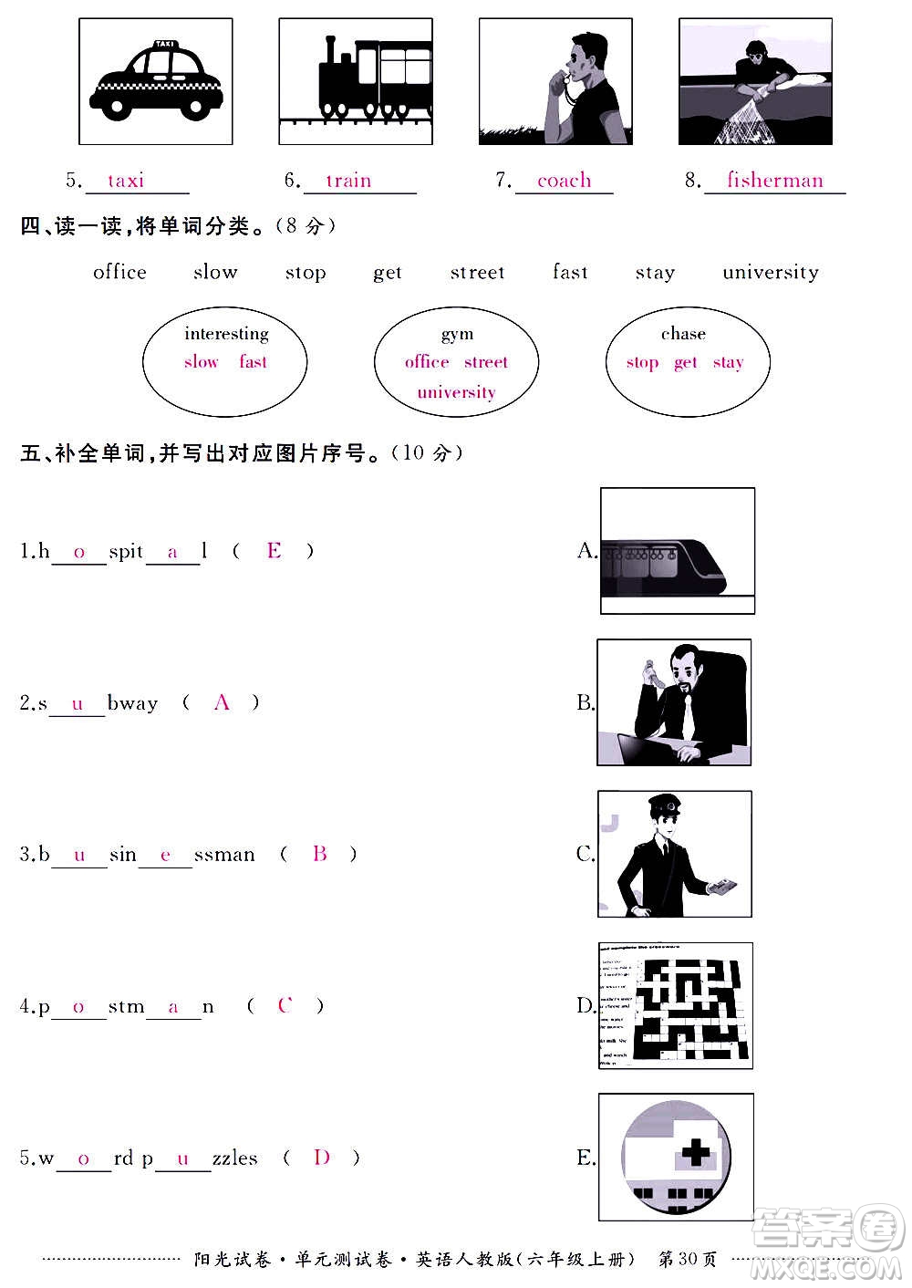 江西高校出版社2020陽光試卷單元測試卷英語六年級上冊人教版答案