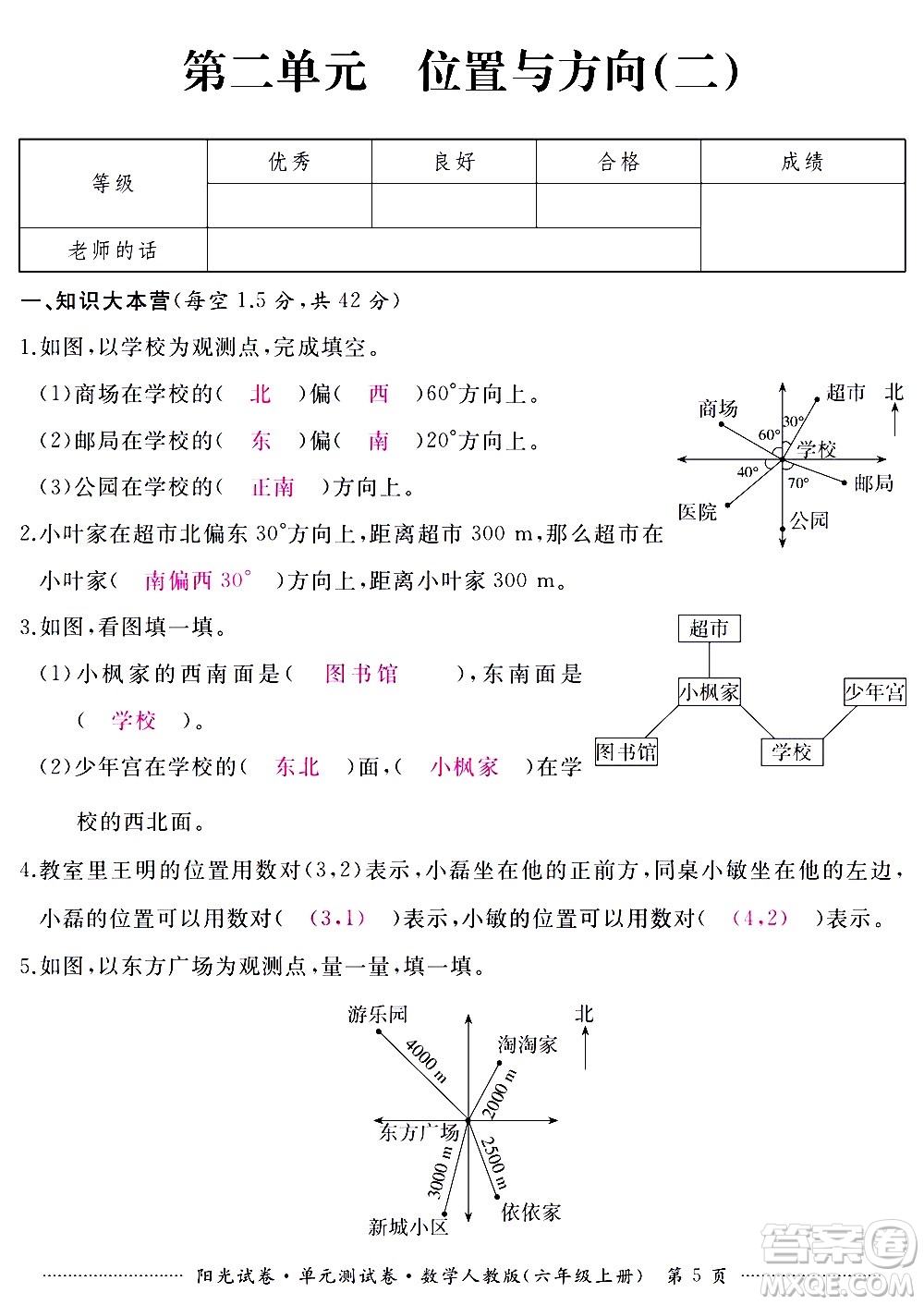 江西高校出版社2020陽光試卷單元測(cè)試卷數(shù)學(xué)六年級(jí)上冊(cè)人教版答案