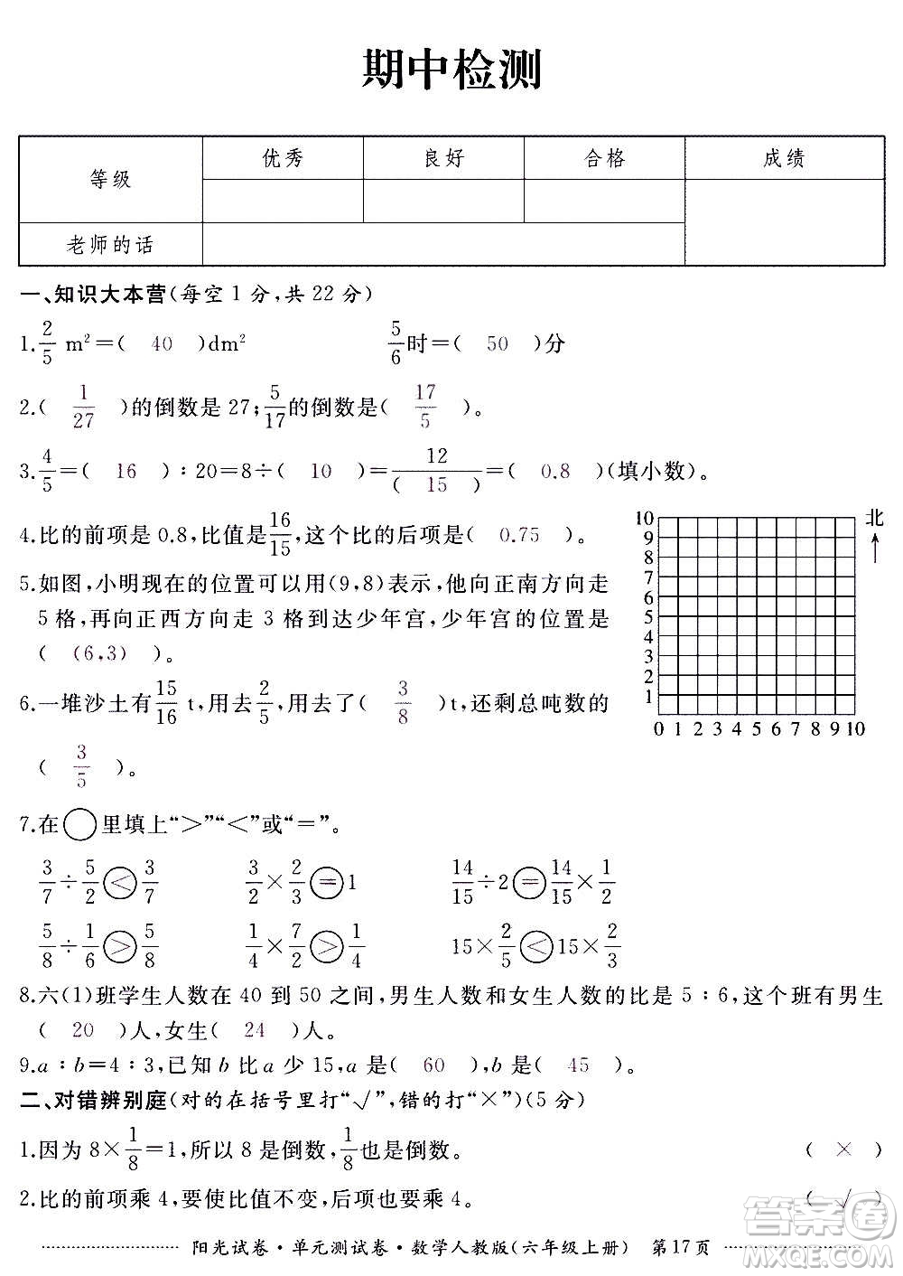 江西高校出版社2020陽光試卷單元測(cè)試卷數(shù)學(xué)六年級(jí)上冊(cè)人教版答案