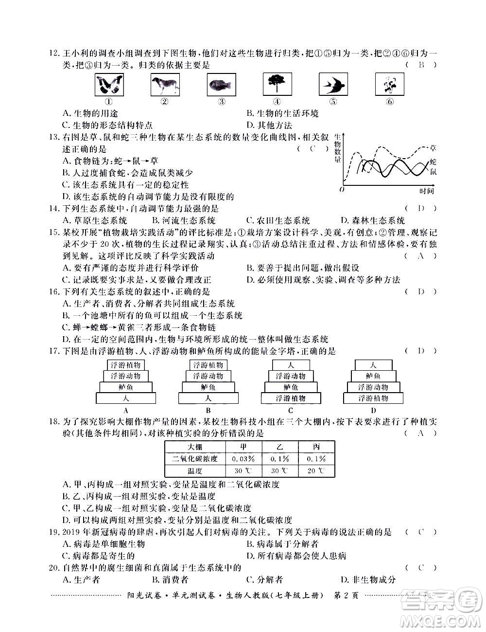 江西高校出版社2020陽(yáng)光試卷單元測(cè)試卷生物七年級(jí)上冊(cè)人教版答案