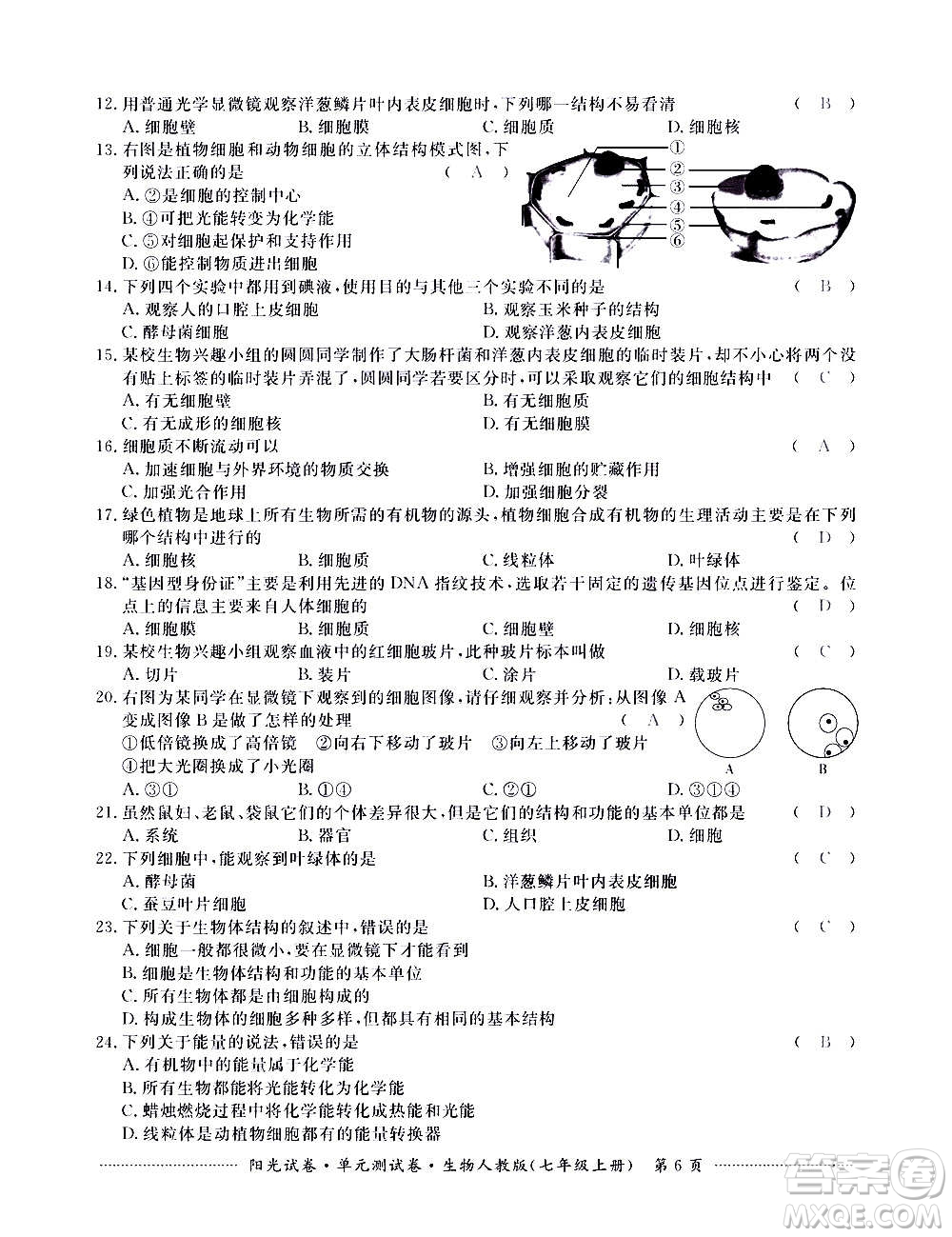 江西高校出版社2020陽(yáng)光試卷單元測(cè)試卷生物七年級(jí)上冊(cè)人教版答案