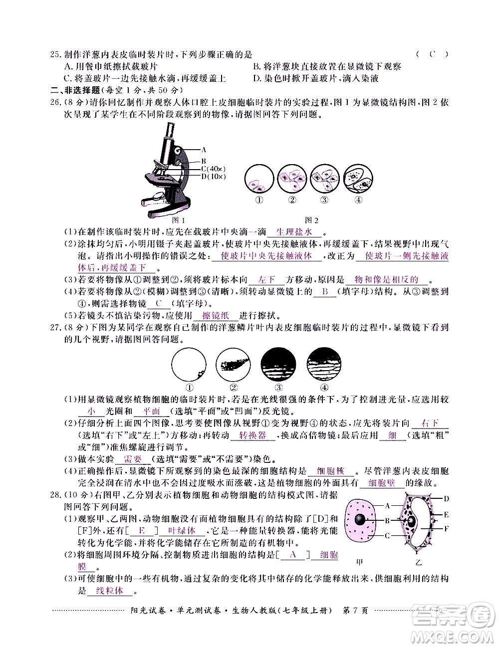 江西高校出版社2020陽(yáng)光試卷單元測(cè)試卷生物七年級(jí)上冊(cè)人教版答案