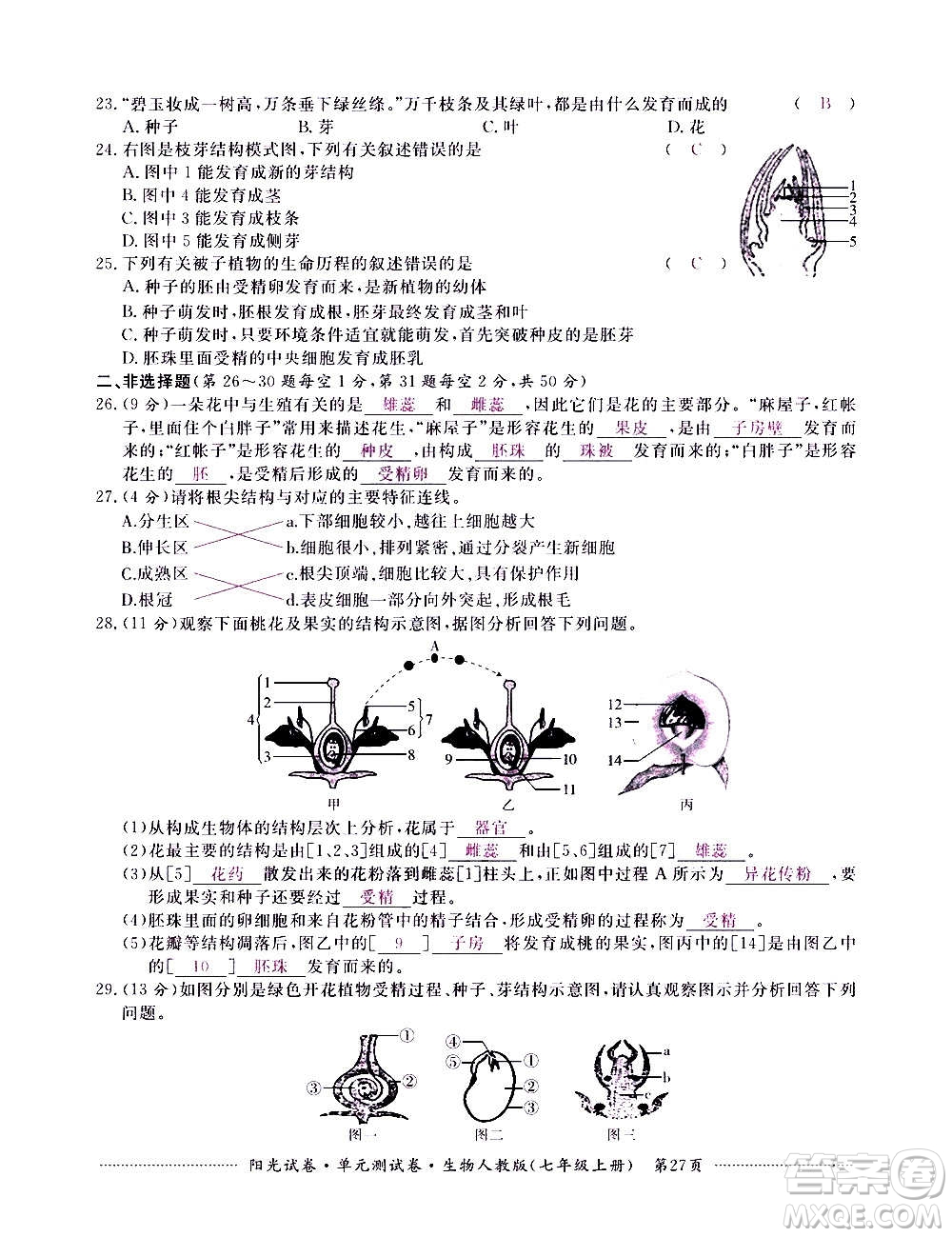 江西高校出版社2020陽(yáng)光試卷單元測(cè)試卷生物七年級(jí)上冊(cè)人教版答案