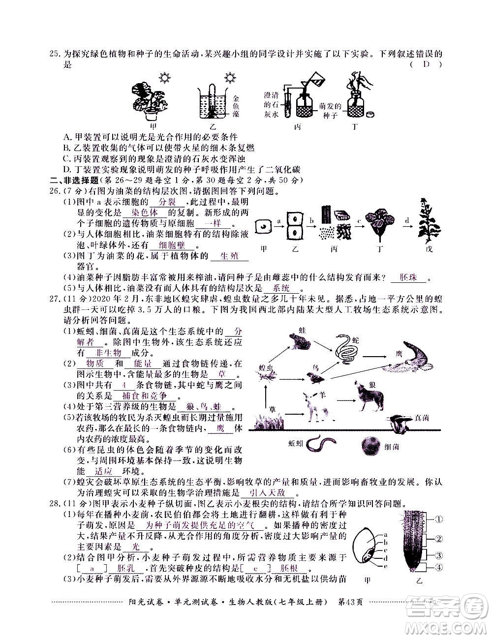 江西高校出版社2020陽(yáng)光試卷單元測(cè)試卷生物七年級(jí)上冊(cè)人教版答案