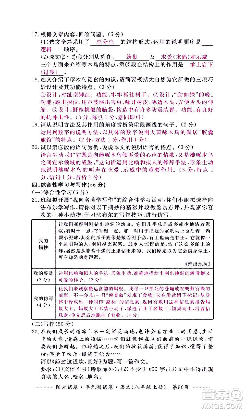 江西高校出版社2020陽光試卷單元測(cè)試卷語文八年級(jí)上冊(cè)人教版答案