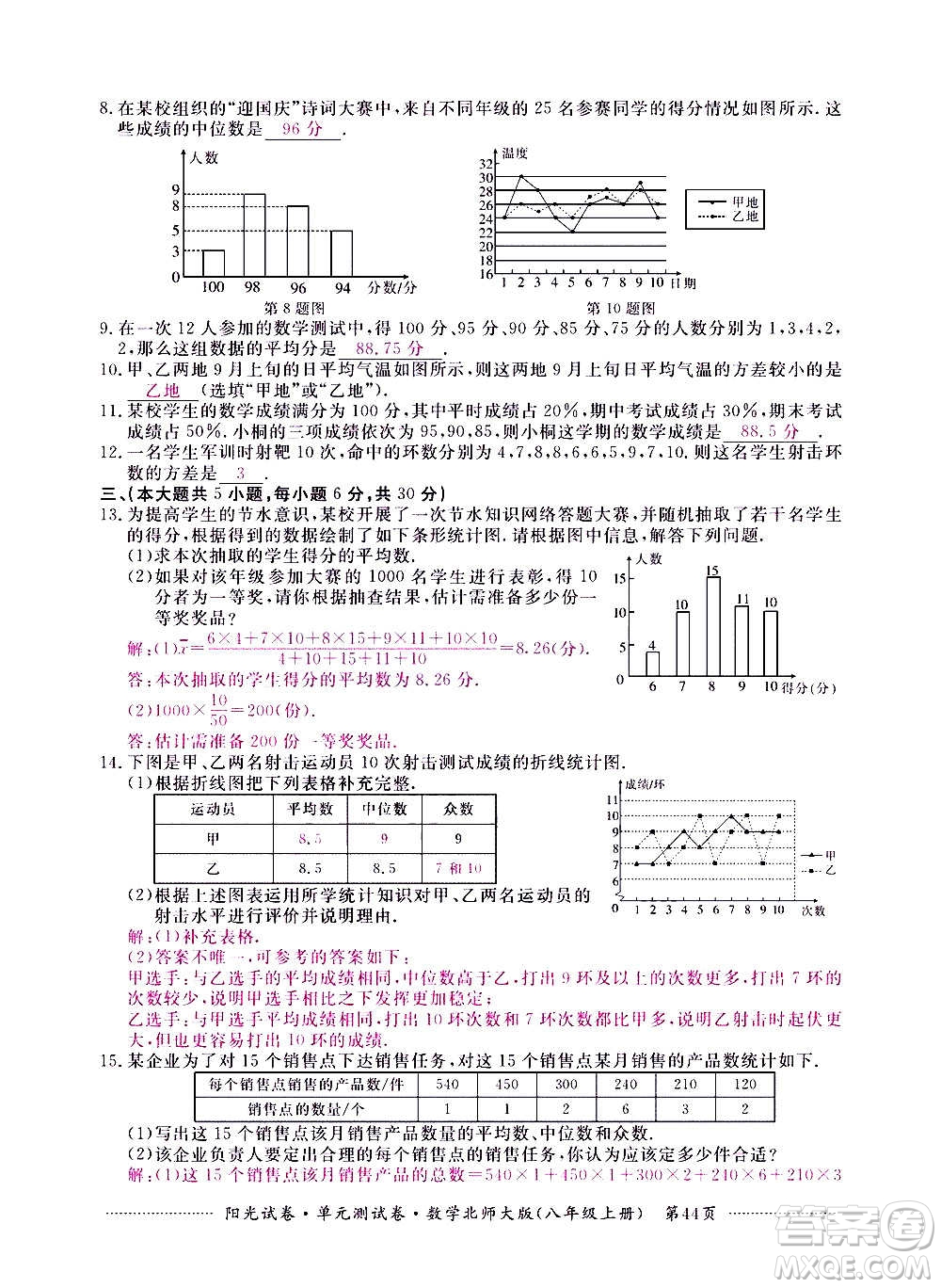 江西高校出版社2020陽光試卷單元測試卷數(shù)學八年級上冊北師大版答案