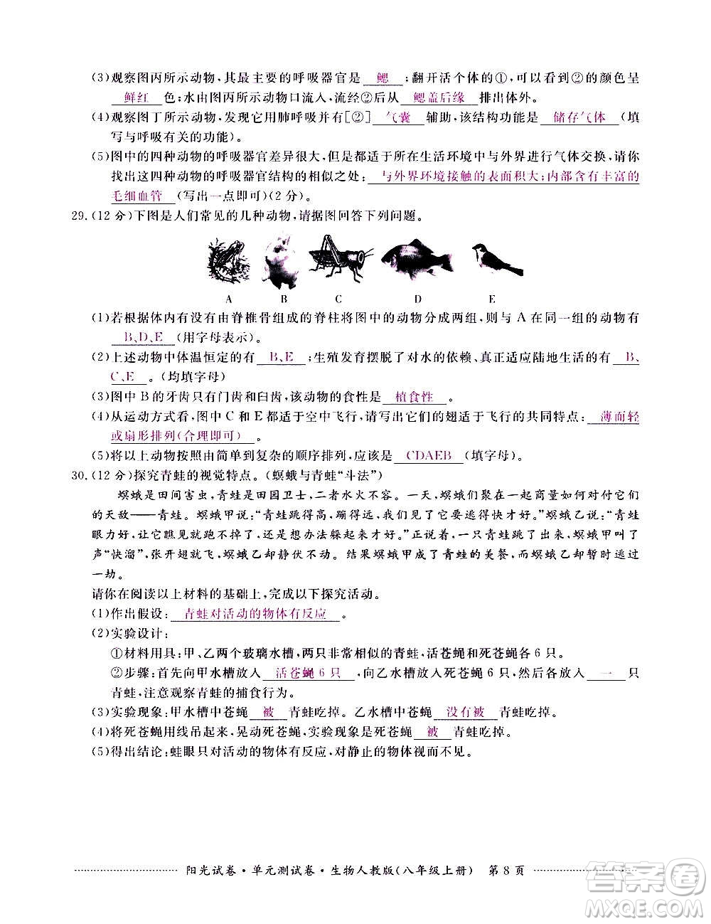 江西高校出版社2020陽(yáng)光試卷單元測(cè)試卷生物八年級(jí)上冊(cè)人教版答案