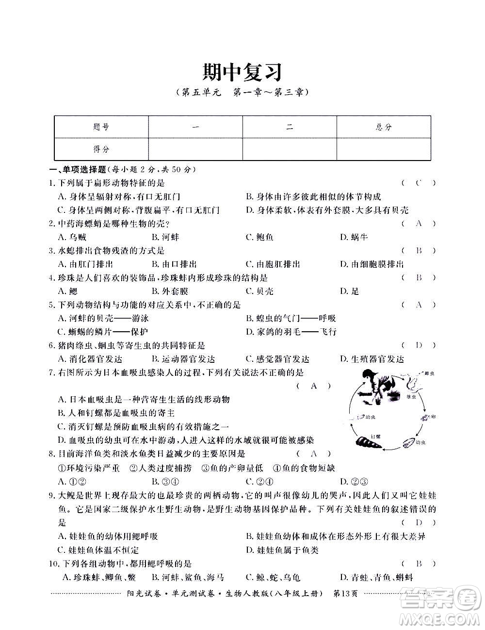 江西高校出版社2020陽(yáng)光試卷單元測(cè)試卷生物八年級(jí)上冊(cè)人教版答案