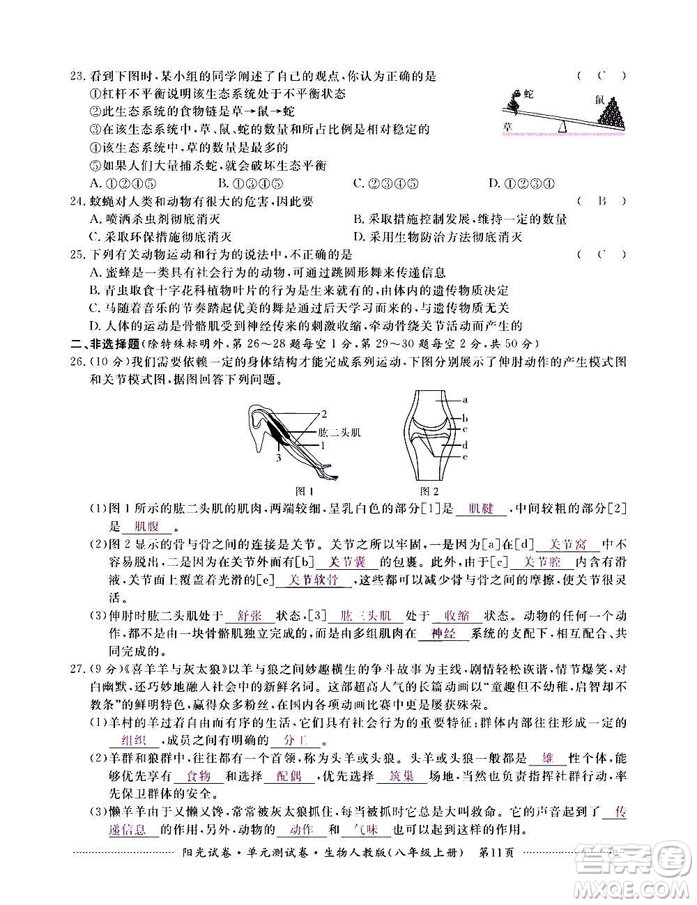 江西高校出版社2020陽(yáng)光試卷單元測(cè)試卷生物八年級(jí)上冊(cè)人教版答案