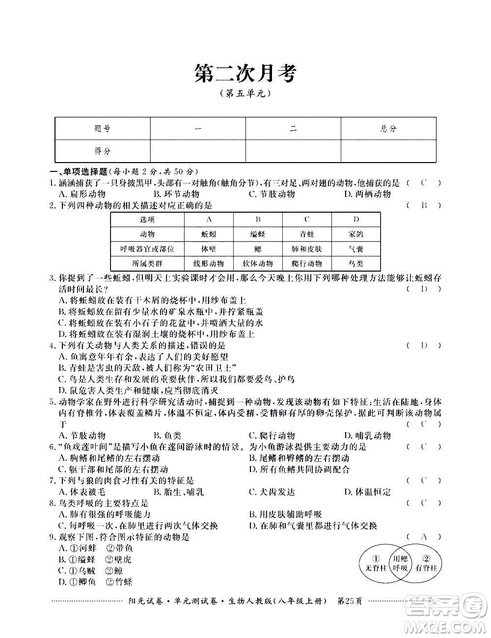 江西高校出版社2020陽(yáng)光試卷單元測(cè)試卷生物八年級(jí)上冊(cè)人教版答案