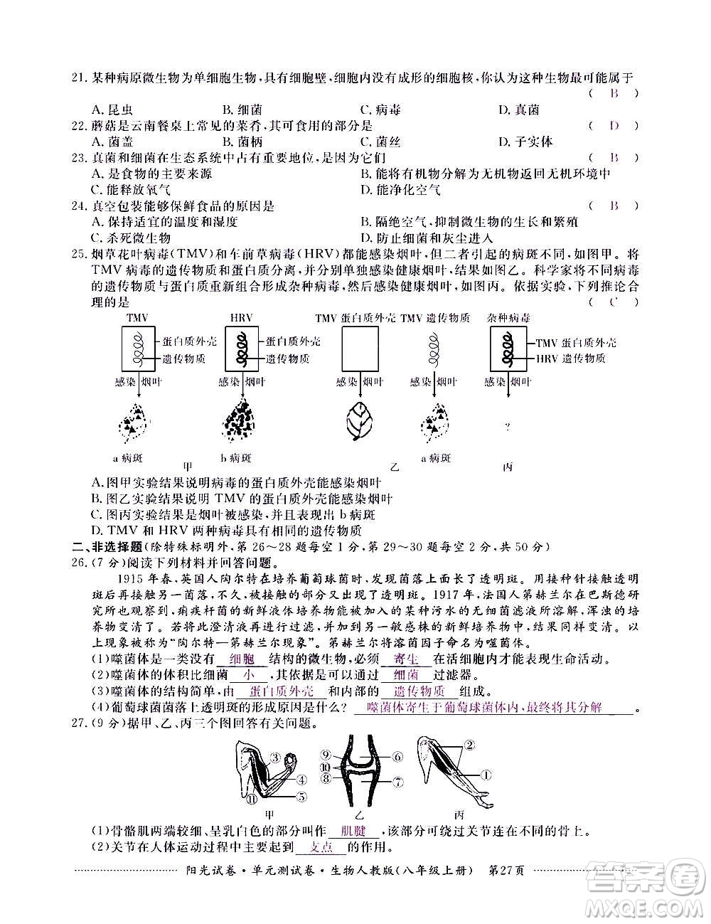 江西高校出版社2020陽(yáng)光試卷單元測(cè)試卷生物八年級(jí)上冊(cè)人教版答案