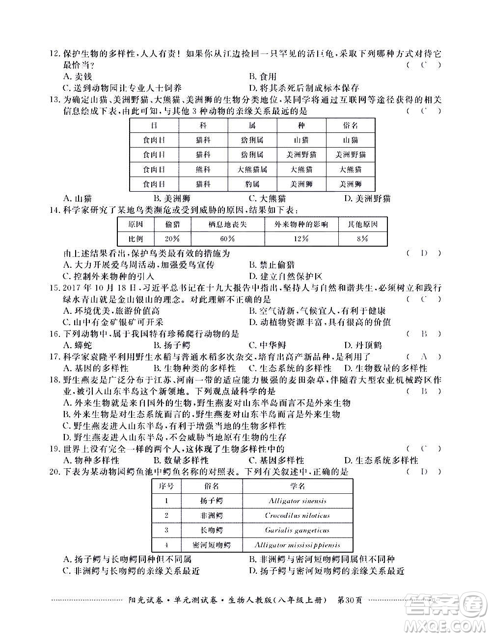 江西高校出版社2020陽(yáng)光試卷單元測(cè)試卷生物八年級(jí)上冊(cè)人教版答案