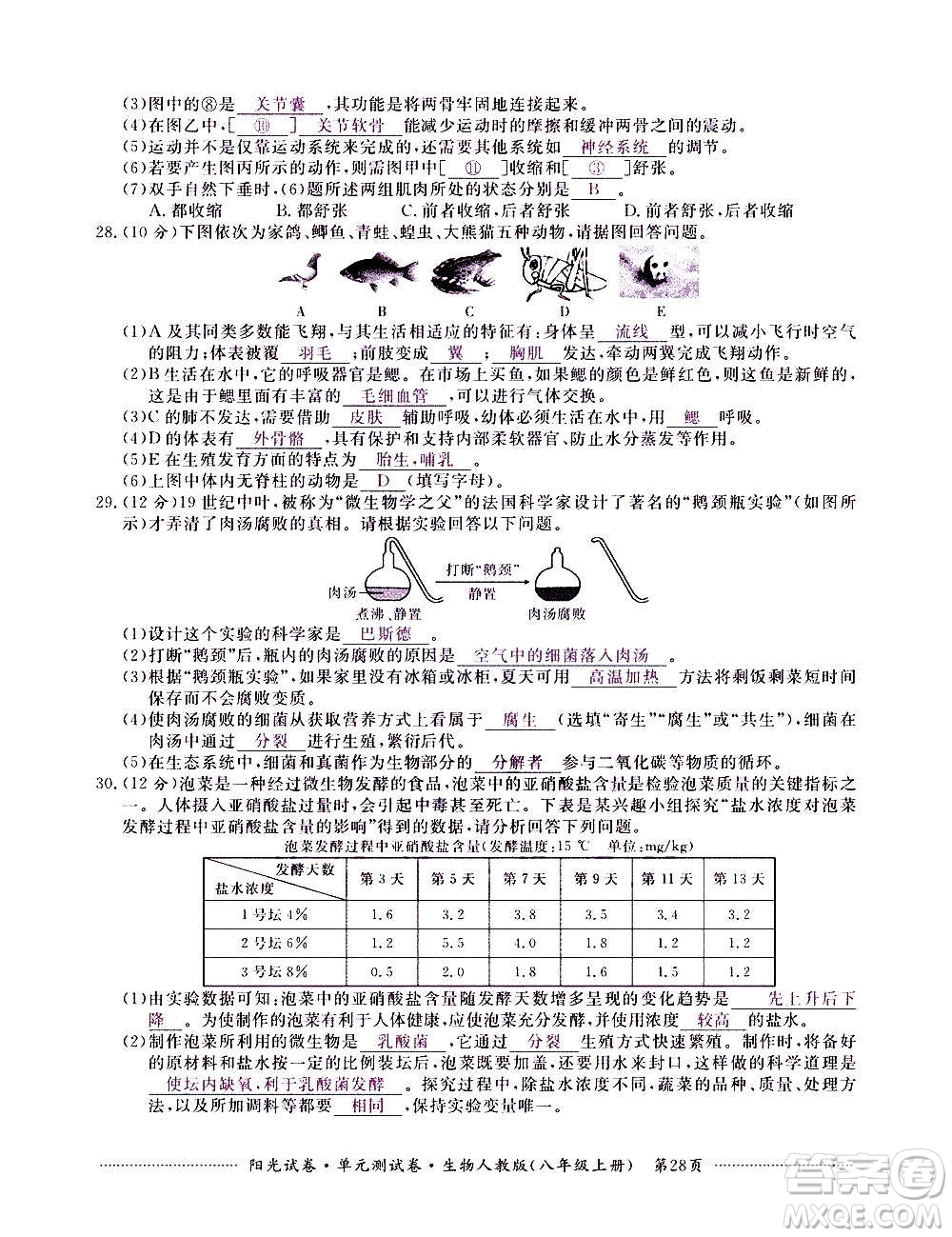 江西高校出版社2020陽(yáng)光試卷單元測(cè)試卷生物八年級(jí)上冊(cè)人教版答案