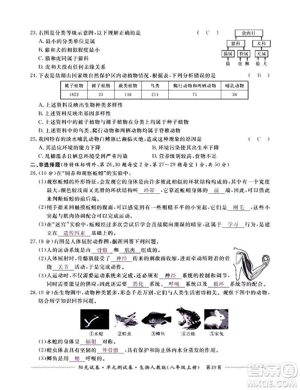 江西高校出版社2020陽(yáng)光試卷單元測(cè)試卷生物八年級(jí)上冊(cè)人教版答案