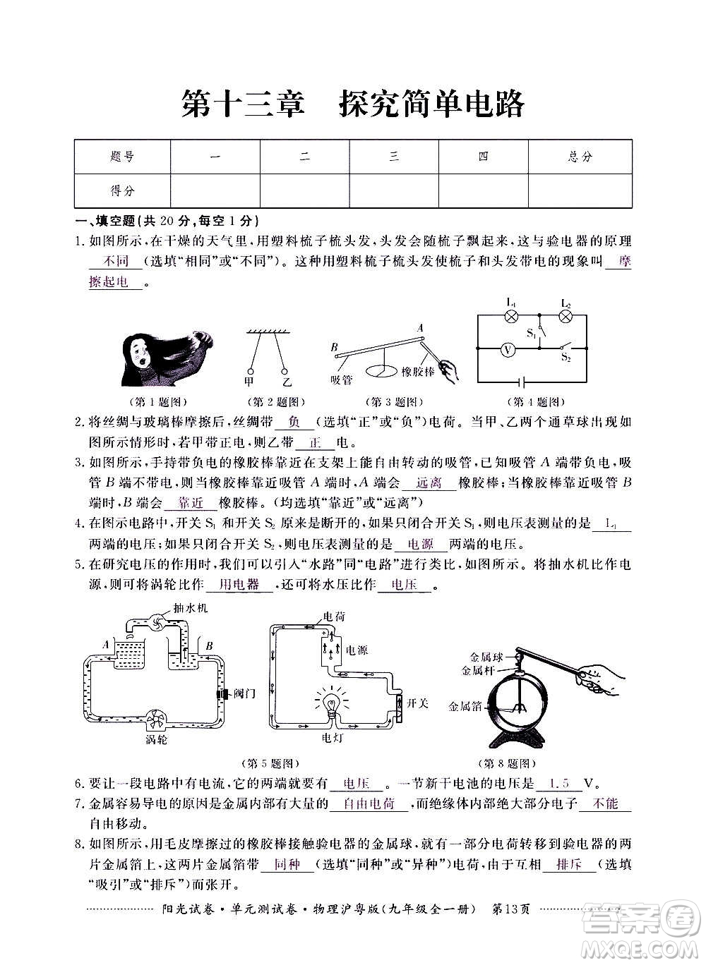 江西高校出版社2020陽光試卷單元測試卷物理九年級全一冊滬粵版答案