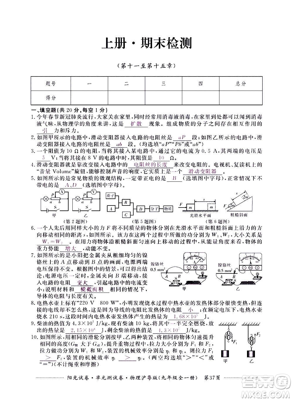 江西高校出版社2020陽光試卷單元測試卷物理九年級全一冊滬粵版答案