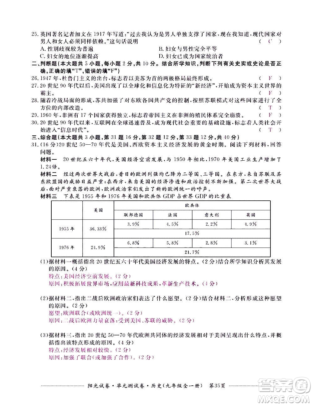 江西高校出版社2020陽光試卷單元測試卷歷史九年級全一冊部編版答案