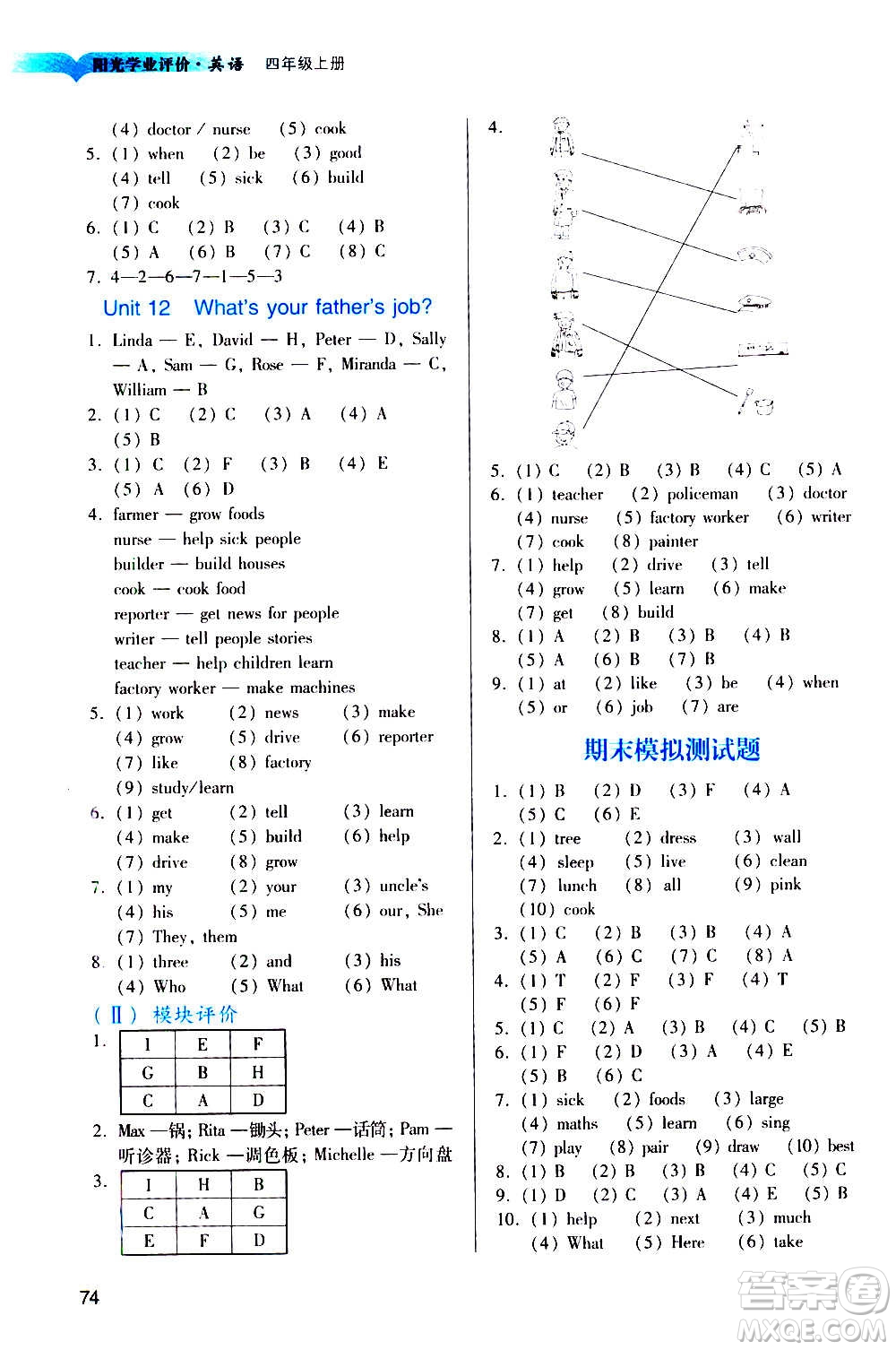 廣州出版社2020陽光學(xué)業(yè)評價英語四年級上冊教科版答案