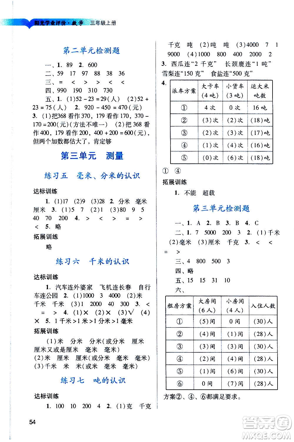 廣州出版社2020陽光學(xué)業(yè)評價數(shù)學(xué)三年級上冊人教版答案