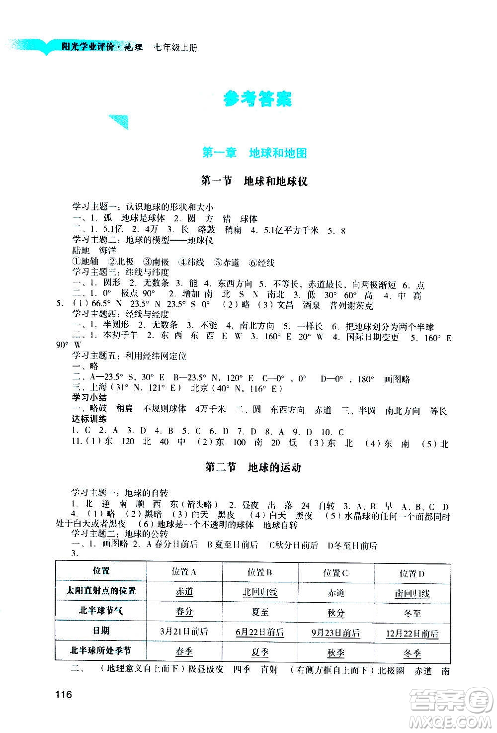 廣州出版社2020陽光學業(yè)評價地理七年級上冊人教版答案