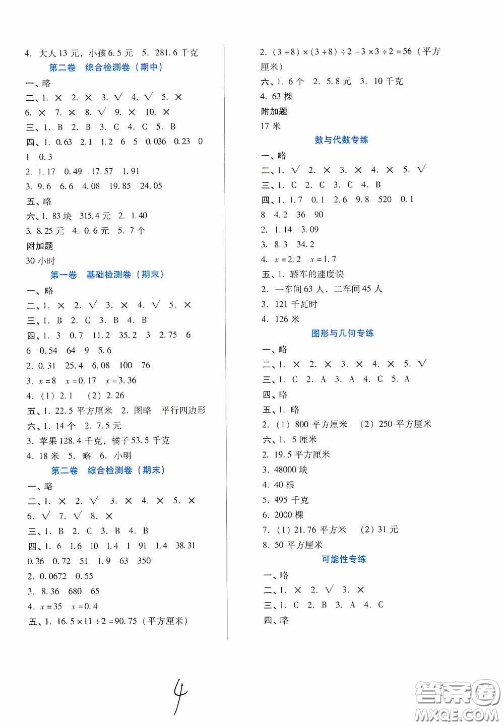 河北少年兒童出版社2020單元檢測(cè)卷五年級(jí)數(shù)學(xué)上冊(cè)人教版答案