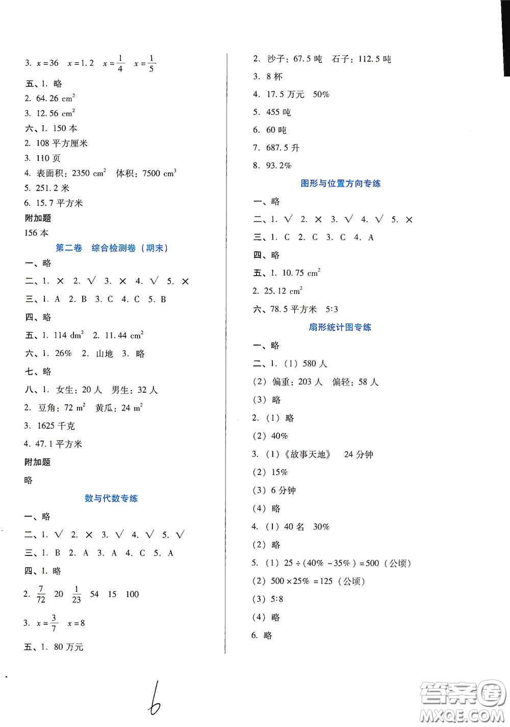 河北少年兒童出版社2020秋單元檢測卷六年級數(shù)學上冊人教版答案