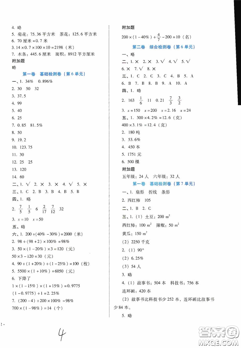 河北少年兒童出版社2020秋單元檢測卷六年級數(shù)學上冊人教版答案