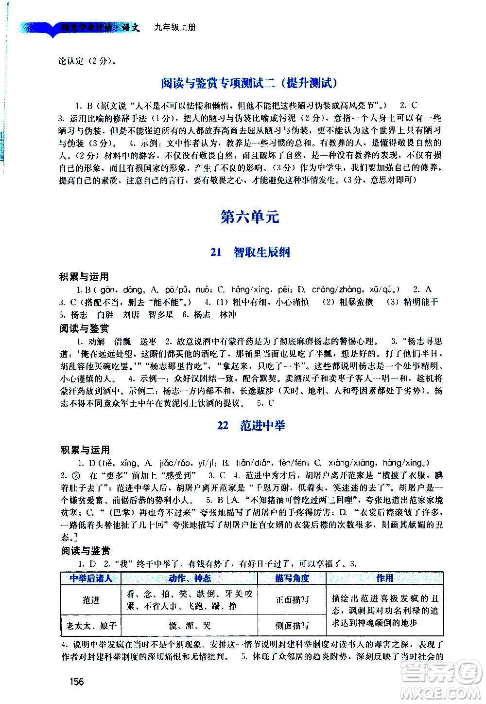 廣州出版社2020陽光學(xué)業(yè)評價語文九年級上冊人教版答案