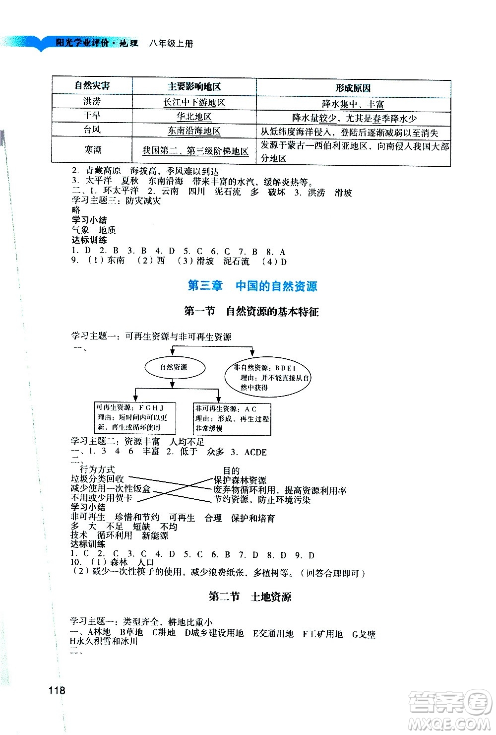 廣州出版社2020陽光學(xué)業(yè)評價(jià)地理八年級上冊人教版答案