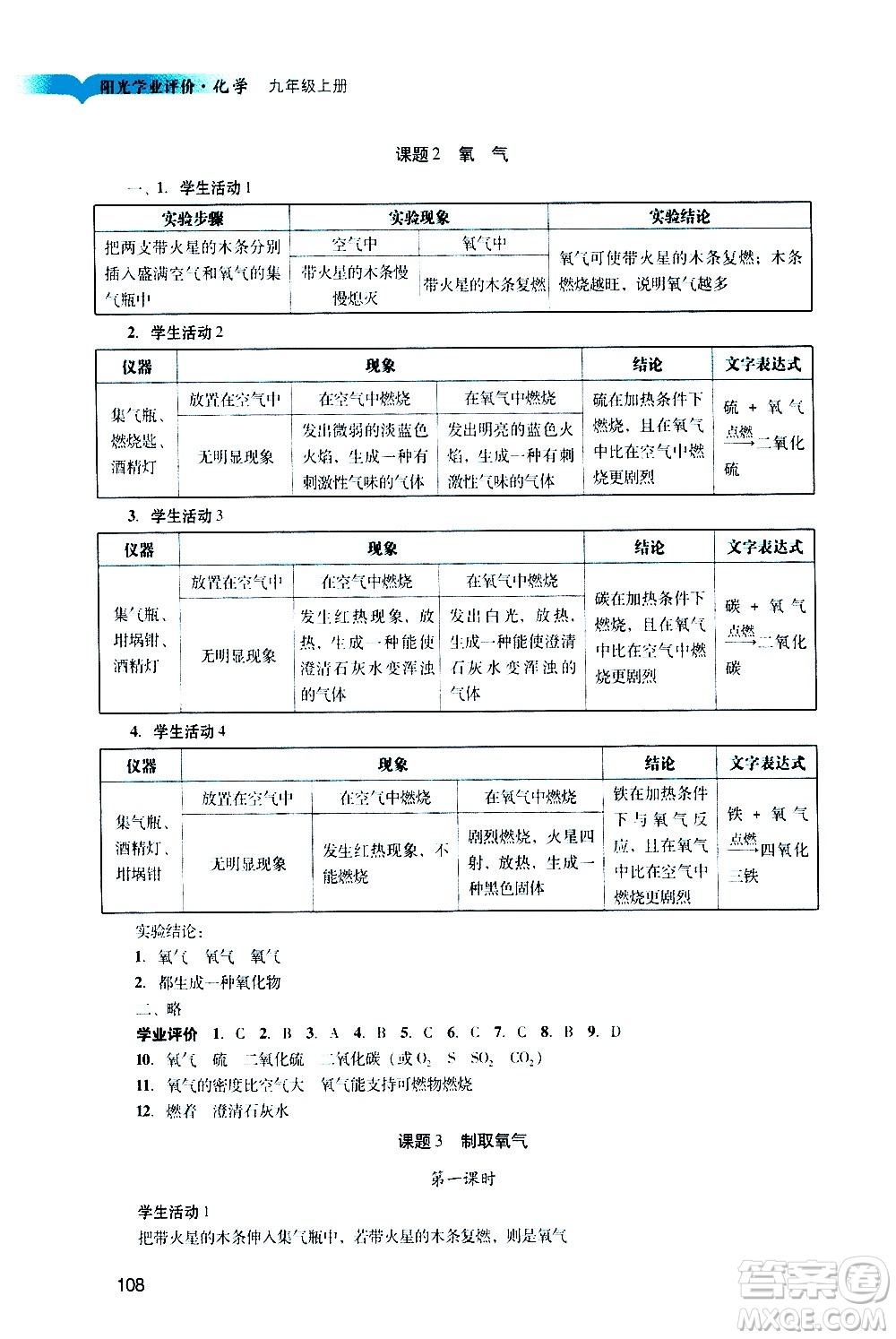 廣州出版社2020陽光學業(yè)評價化學九年級上冊人教版答案