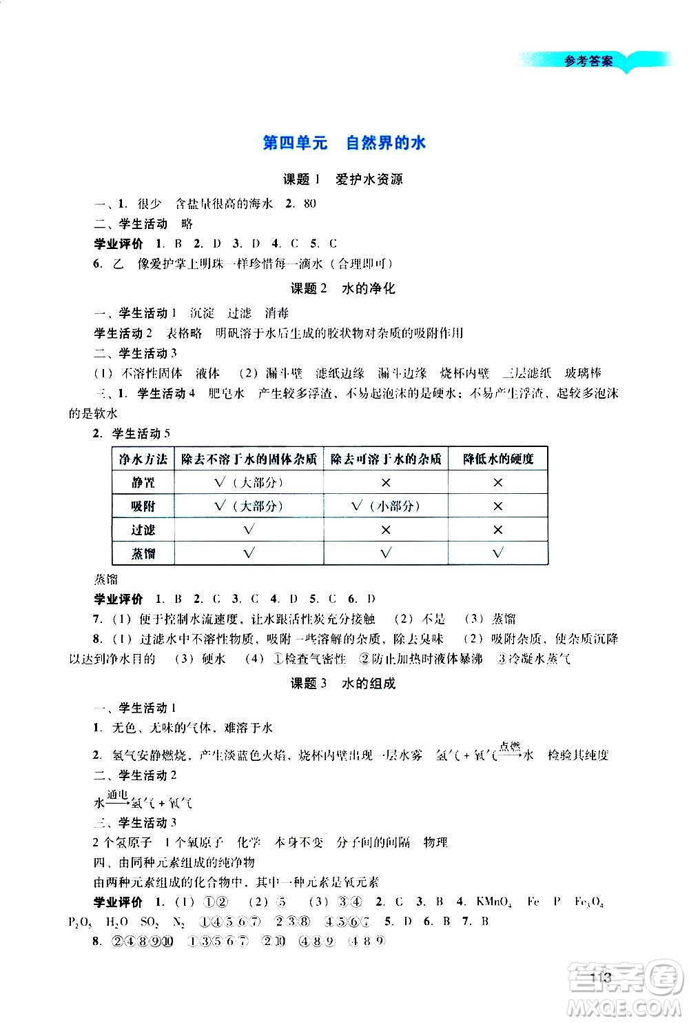 廣州出版社2020陽光學業(yè)評價化學九年級上冊人教版答案