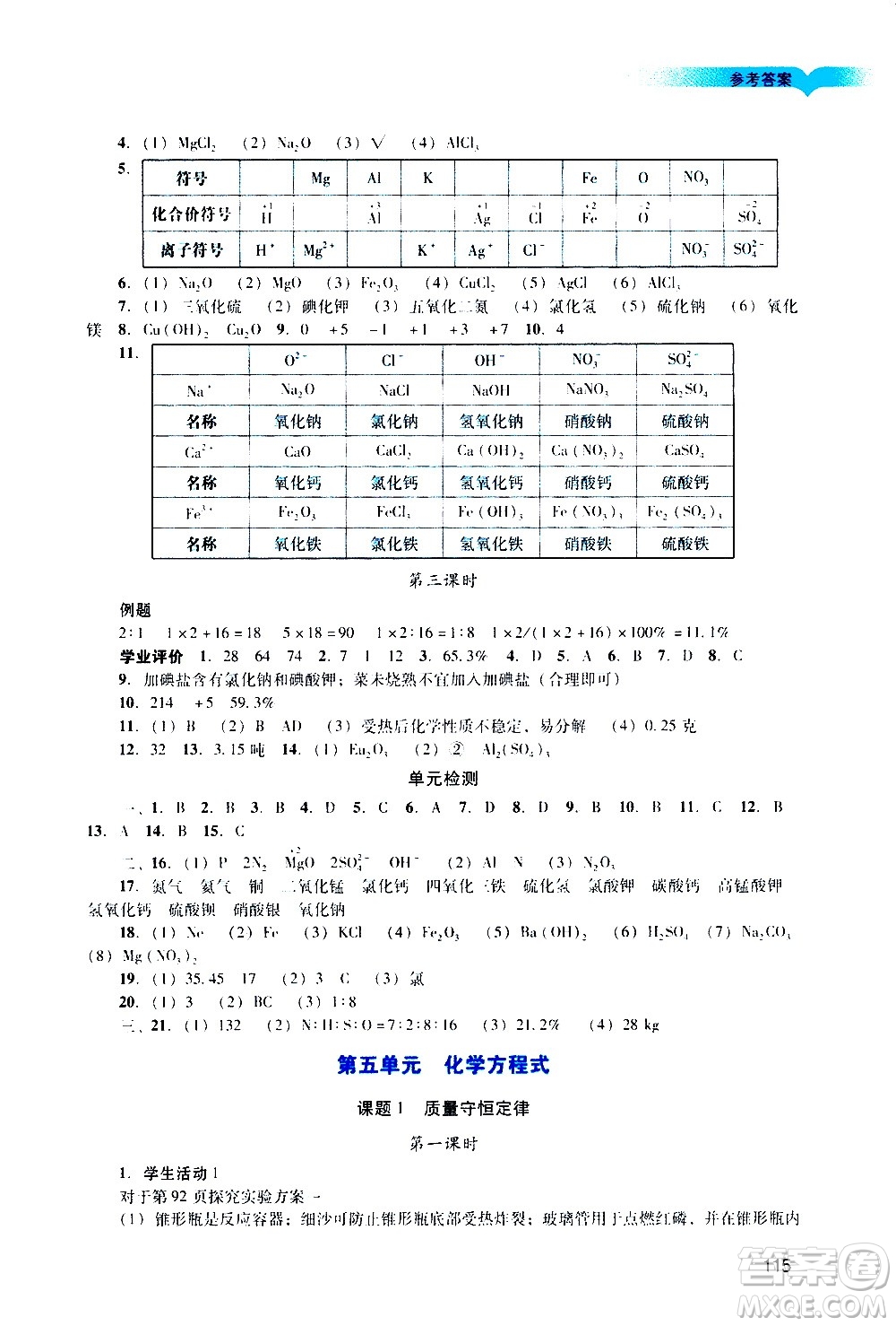 廣州出版社2020陽光學業(yè)評價化學九年級上冊人教版答案