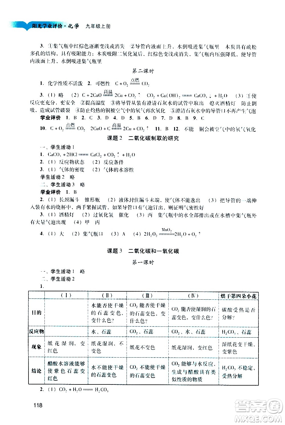 廣州出版社2020陽光學業(yè)評價化學九年級上冊人教版答案