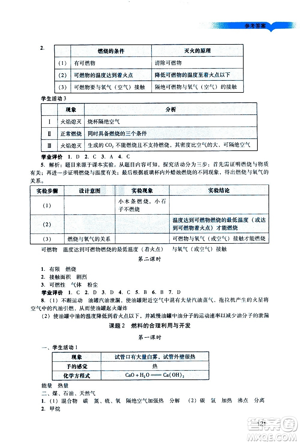 廣州出版社2020陽光學業(yè)評價化學九年級上冊人教版答案