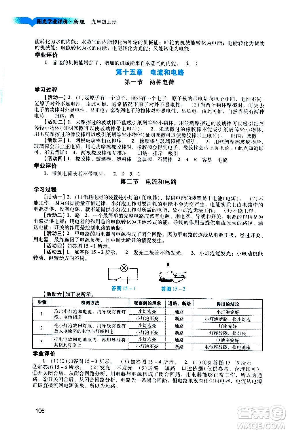 廣州出版社2020陽光學(xué)業(yè)評價物理九年級上冊人教版答案