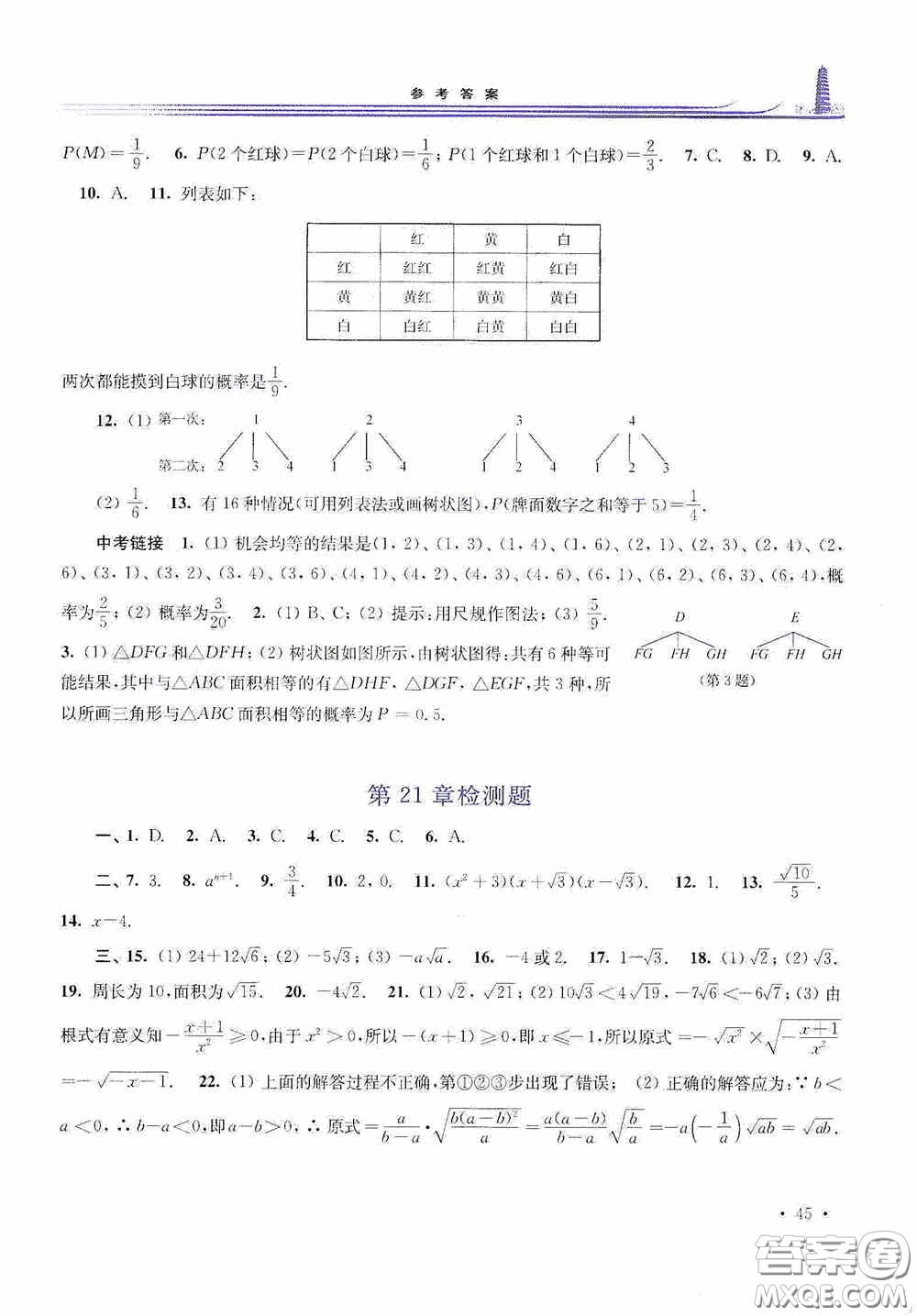 華東師范大學(xué)出版社2020學(xué)習(xí)檢測練習(xí)冊九年級數(shù)學(xué)上冊華東師大版答案