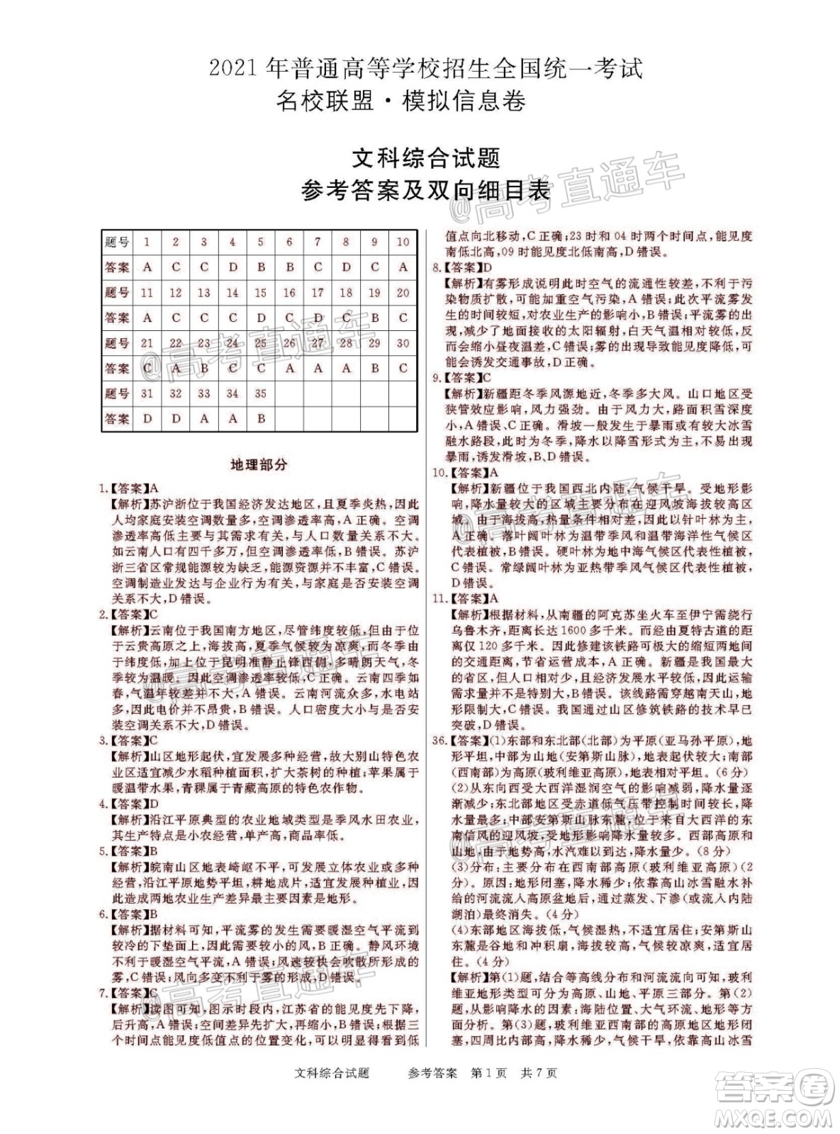 2021年普通高等學(xué)校招生全國統(tǒng)一考試河南名校聯(lián)盟模擬信息卷文科綜合試題及答案