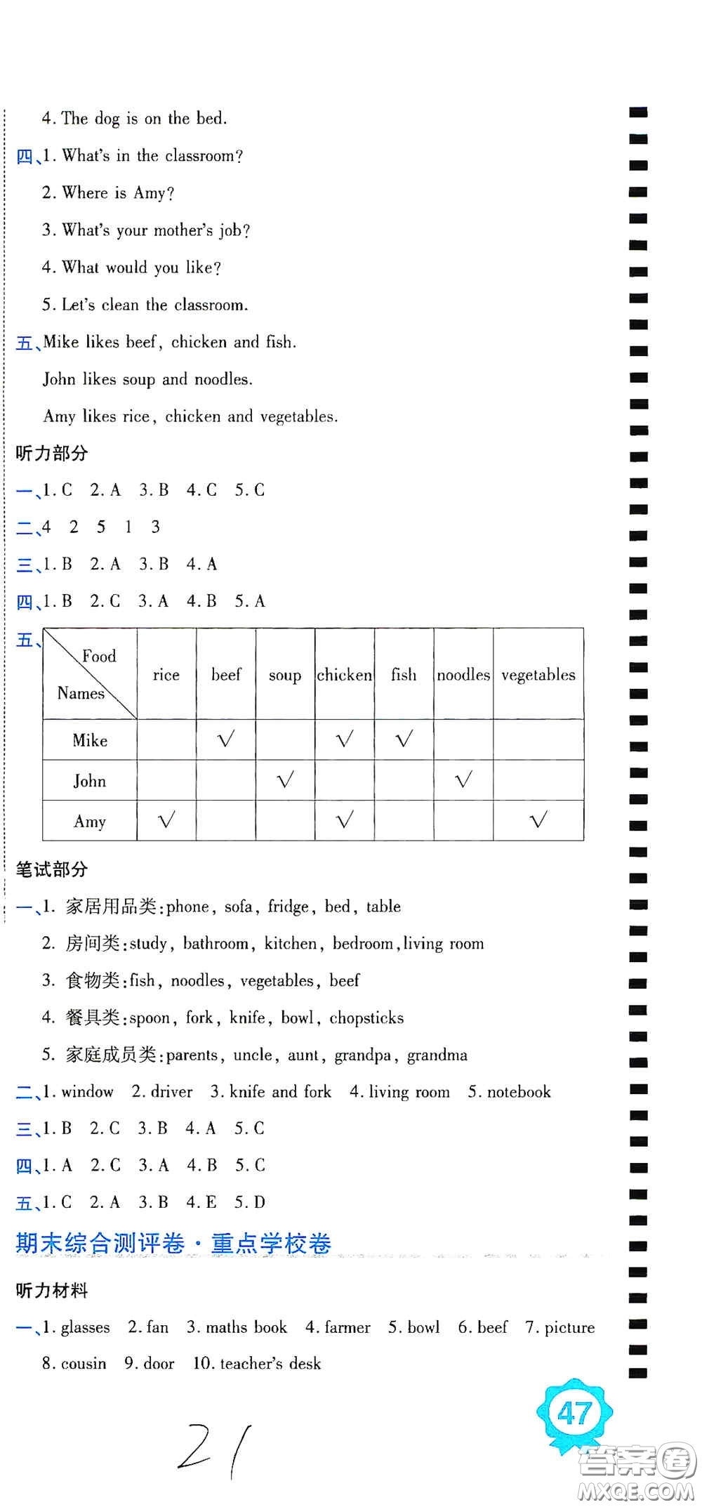 開明出版社2020期末100分沖刺卷四年級英語上冊人教PEP版答案