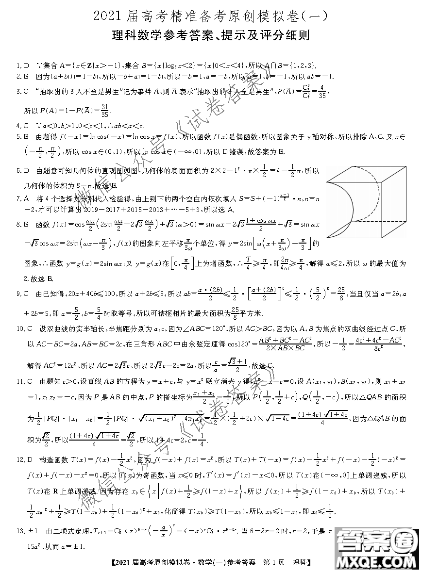 2021屆高考精準(zhǔn)備備考原創(chuàng)模擬卷一理科數(shù)學(xué)試題及答案