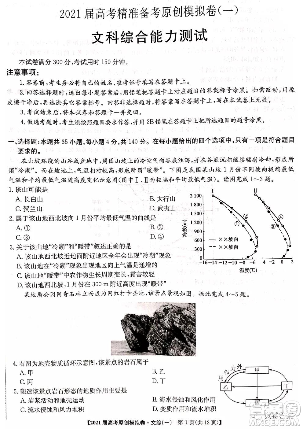 2021屆高考精準備備考原創(chuàng)模擬卷一文科綜合試題及答案