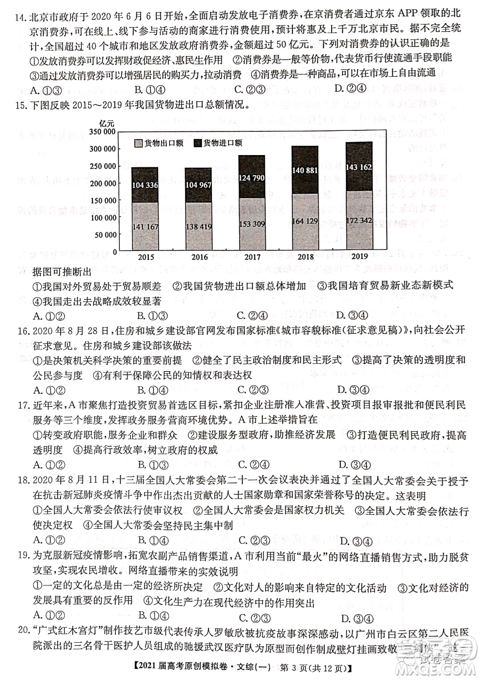 2021屆高考精準備備考原創(chuàng)模擬卷一文科綜合試題及答案