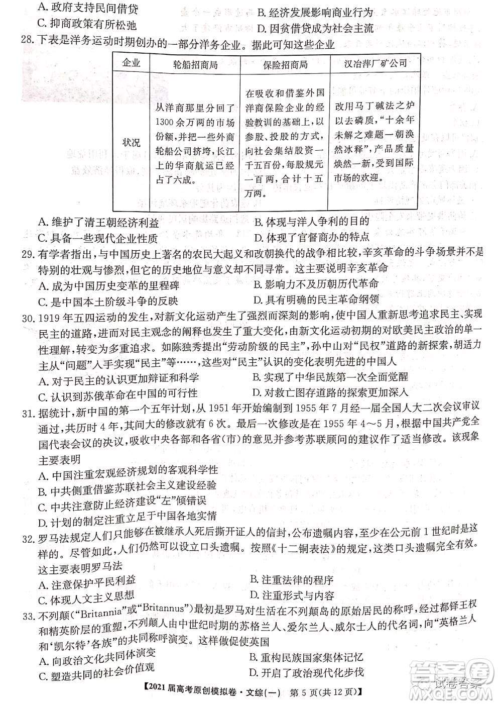 2021屆高考精準備備考原創(chuàng)模擬卷一文科綜合試題及答案