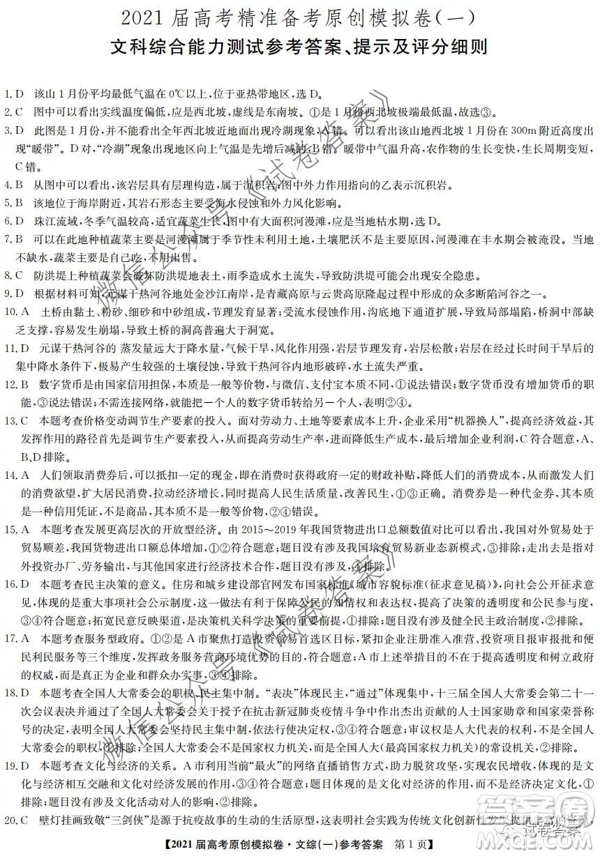 2021屆高考精準備備考原創(chuàng)模擬卷一文科綜合試題及答案