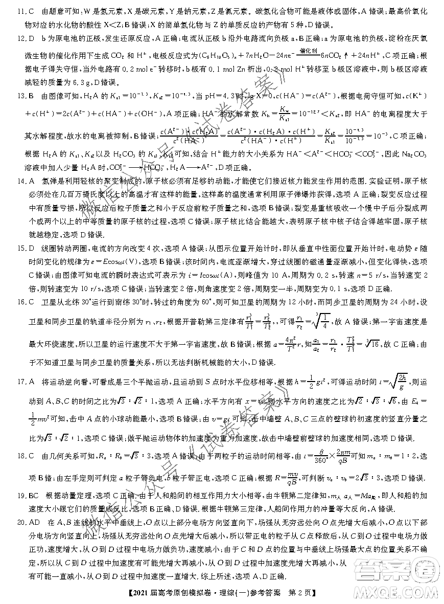 2021屆高考精準(zhǔn)備備考原創(chuàng)模擬卷一理科綜合試題及答案