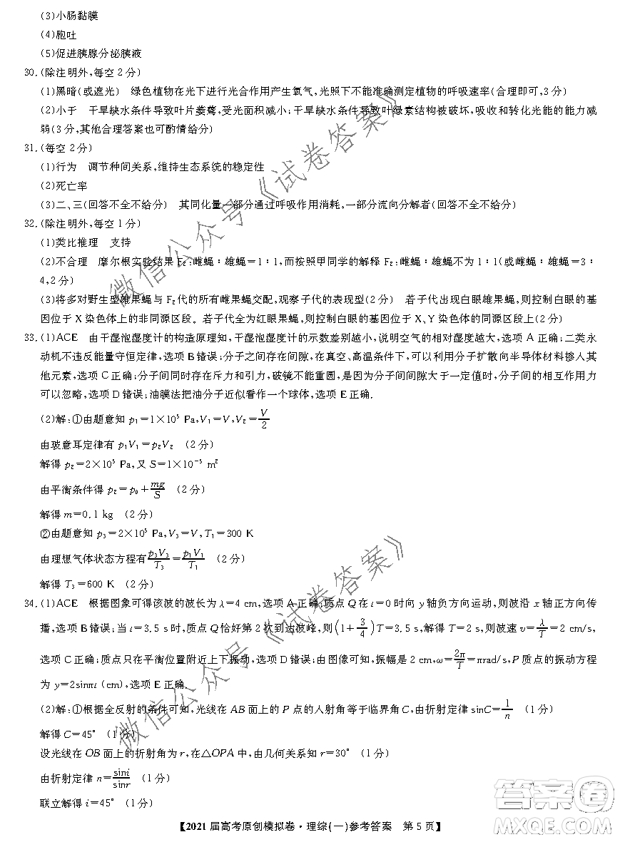 2021屆高考精準(zhǔn)備備考原創(chuàng)模擬卷一理科綜合試題及答案