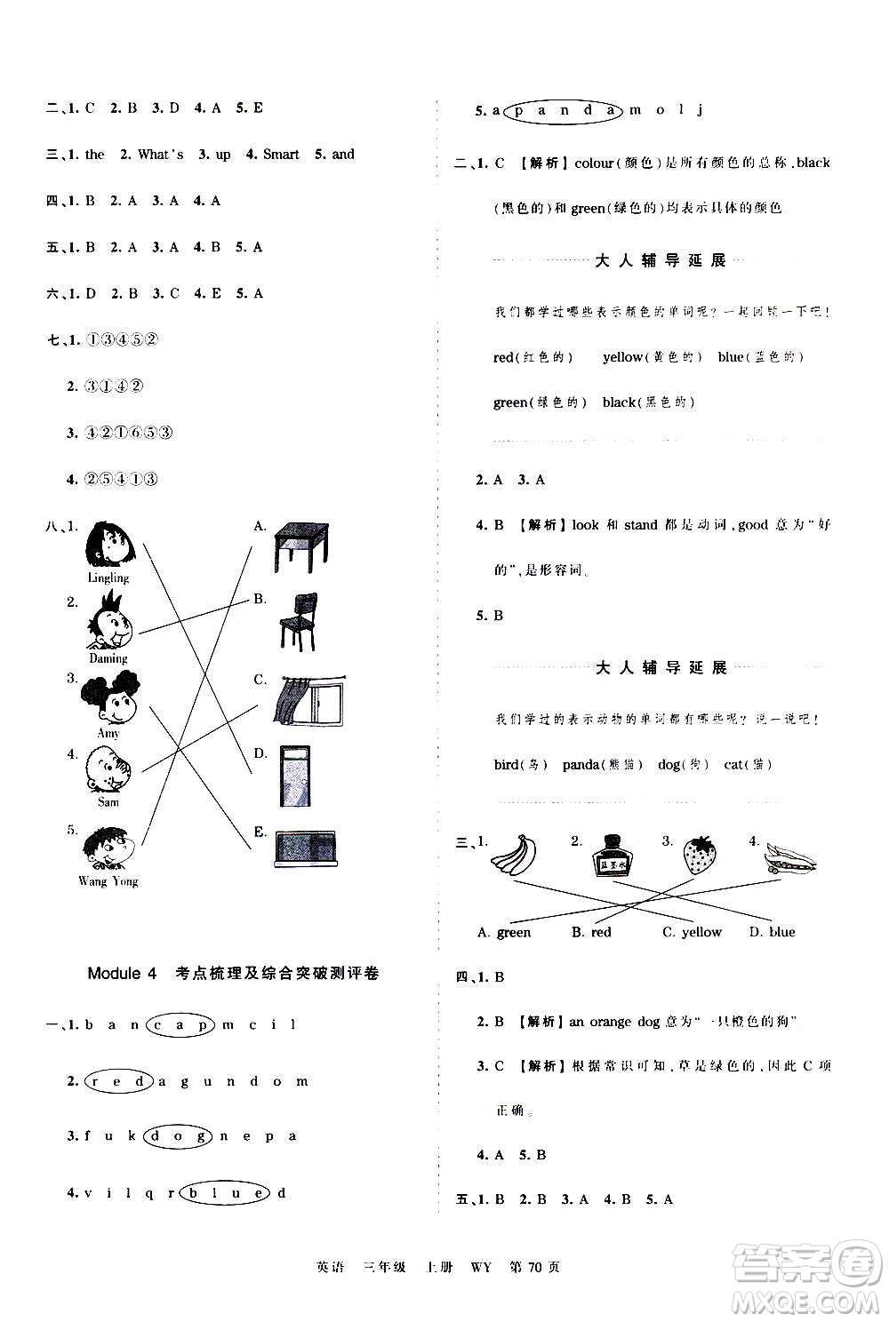 江西人民出版社2020秋王朝霞考點梳理時習卷英語三年級上冊WY外研版答案