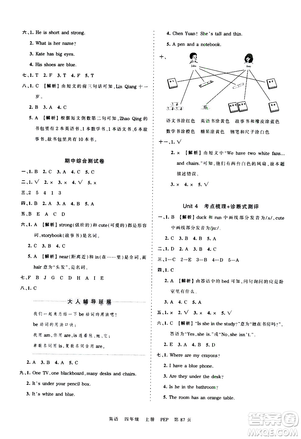 江西人民出版社2020秋王朝霞考點梳理時習卷英語四年級上冊PEP人教版答案